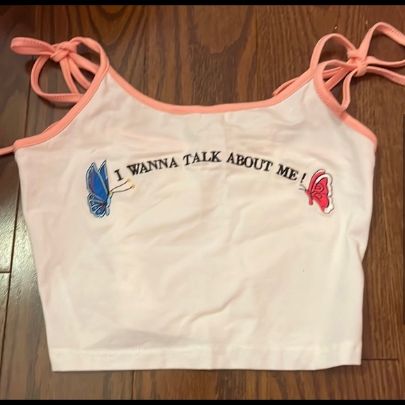 HOST PICK❣️Shein “I wanna talk about me” Y2K Butterfly Logo Cami Top Sz S - Picture 3 of 5